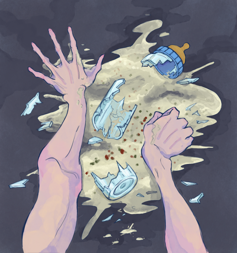 A first-person view of an adult bracing themselves against the ground over a smashed baby bottle in a puddle of milk vomit.