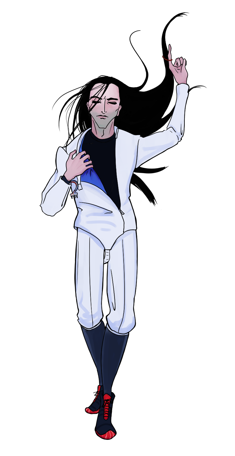 A severe-looking fencer loosening his jacket and hairtie in a featureless white void